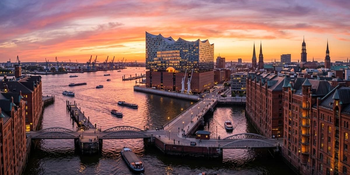 Beeindruckende Skyline von Hamburg mit Hafen, Elbphilharmonie und Michel – Die Top 20 Sehenswürdigkeiten in Hamburg.